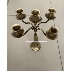 DMR ANTİK SARI EL YAPIMI PİRİNÇ ŞAMDAN 5 Lİ MUMLUK 5 KOLLU ŞAMDAN 38 CM