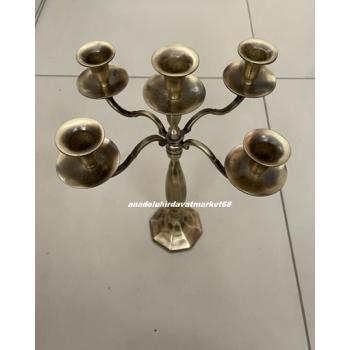 DMR ANTİK SARI EL YAPIMI PİRİNÇ ŞAMDAN 5 Lİ MUMLUK 5 KOLLU ŞAMDAN 38 CM