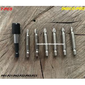 İNGCO PRO 7 PARÇA YILDIZ UÇ SETİ ÇELİK BİTS YAYLI UZATMA UCU YILDIZ BİTS UÇ SETİ 50MM